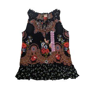BILA Blouse Womens Sz S Black Sleeveless Floral Peasant Shirt Paisley Tank Top